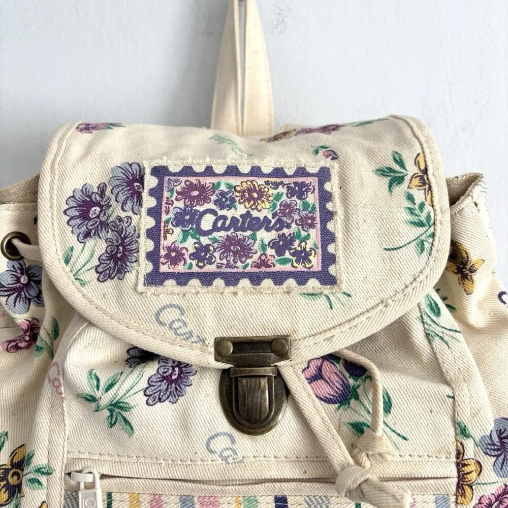 Carter’s Vintage Canvas Drawstring Backpack Cream Floral and Stripe Pattern